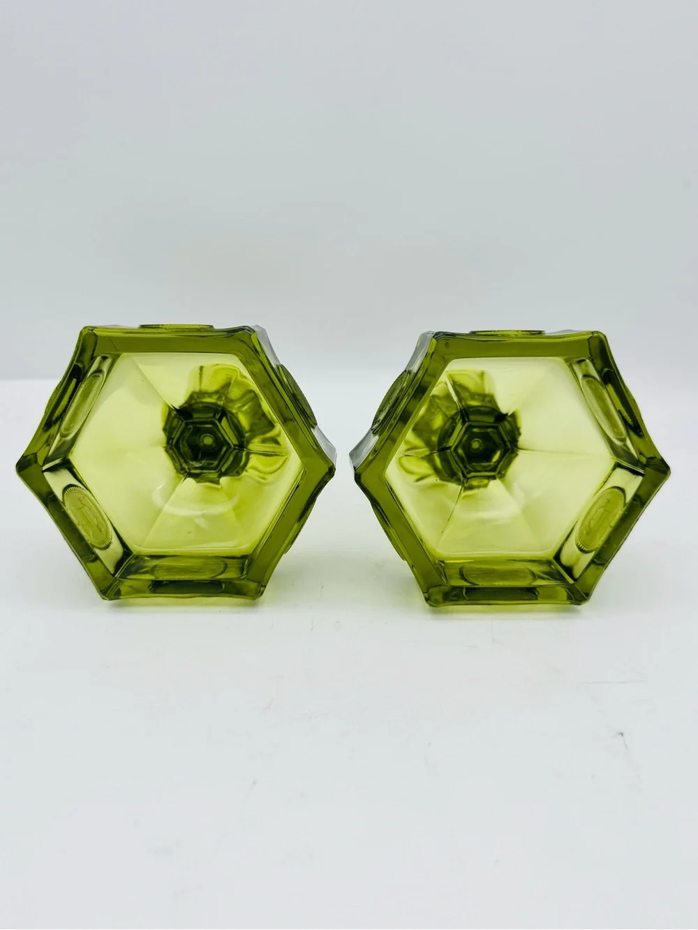 Vintage Fostoria Coin Dot Glass Set of Candleholders, Olive Green